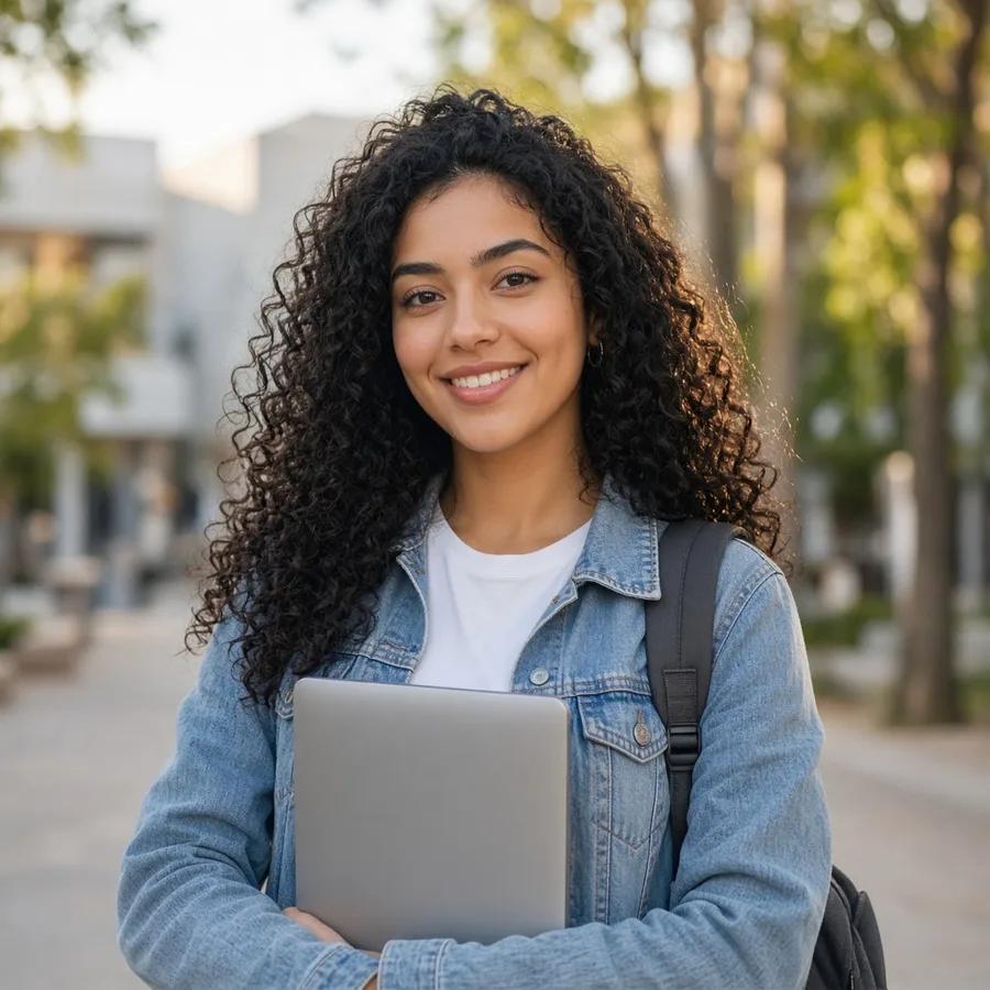 Estudante universitária sorrindo com notebook no campus